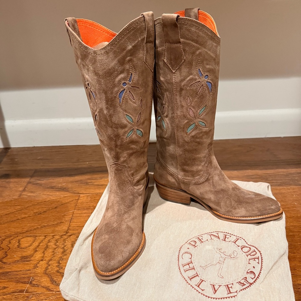 Penelope Chilvers Tan Suede Embroidered Boots